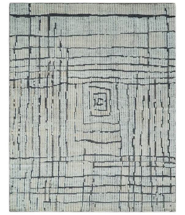 8x10 Contemporary Stripes pattern Beige, Silver and Charcoal Hand knotted wool Area Rug