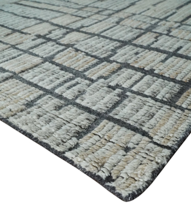 8x10 Contemporary Stripes pattern Beige, Silver and Charcoal Hand knotted wool Area Rug