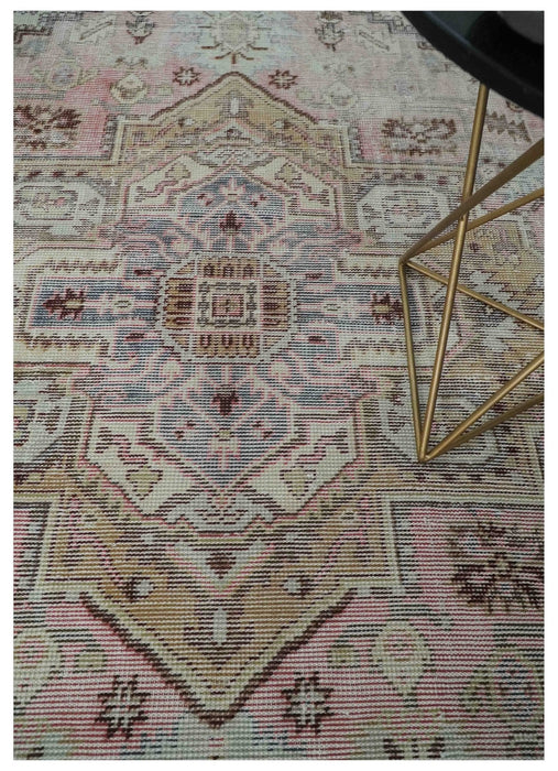 8x10 Distressed Low Pile Hand knotted Beige, Peach and Silver Wool Area Rug