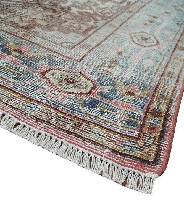 8x10 Distressed Low Pile Hand knotted Beige, Peach and Silver Wool Area Rug