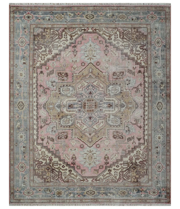 8x10 Distressed Low Pile Hand knotted Beige, Peach and Silver Wool Area Rug