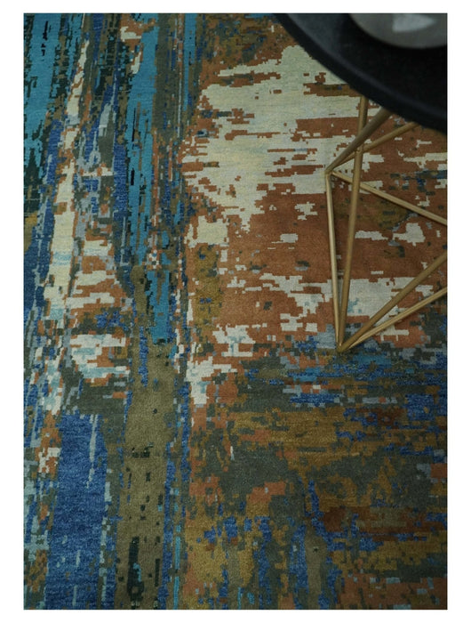 8x10 Fine Hand Knotted Blue and Brown Modern Abstract Wool Area Rug | AGR42