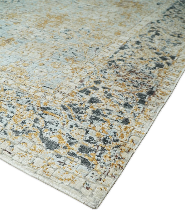 8x10 Fine Hand Knotted Blue and Gold Traditional Abstract Mosaic Turkish Style Bamboo Silk Rug | TRD35957