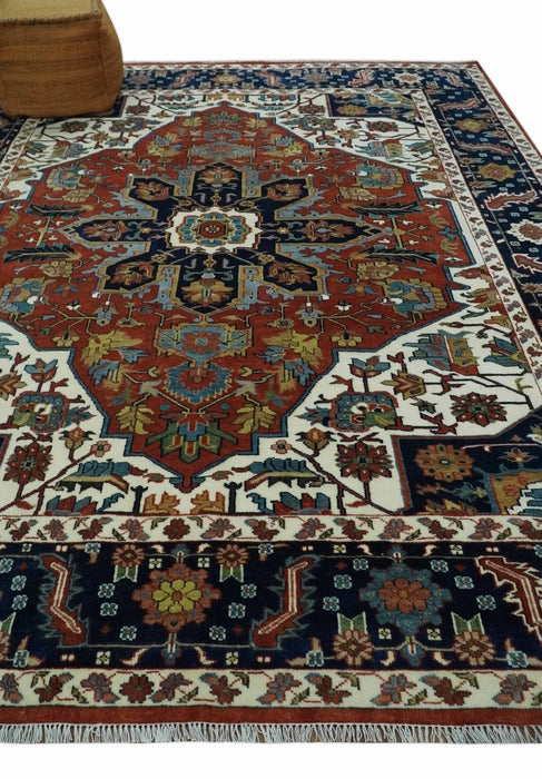 8x10 Fine Hand Knotted Blue, Brown and Ivory Traditional wool Area Rug