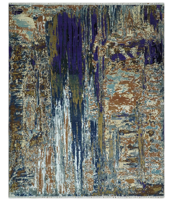 8x10 Fine Hand Knotted Brown Multicolor Modern Abstract Wool and Bamboo Silk Area Rug | AGR19