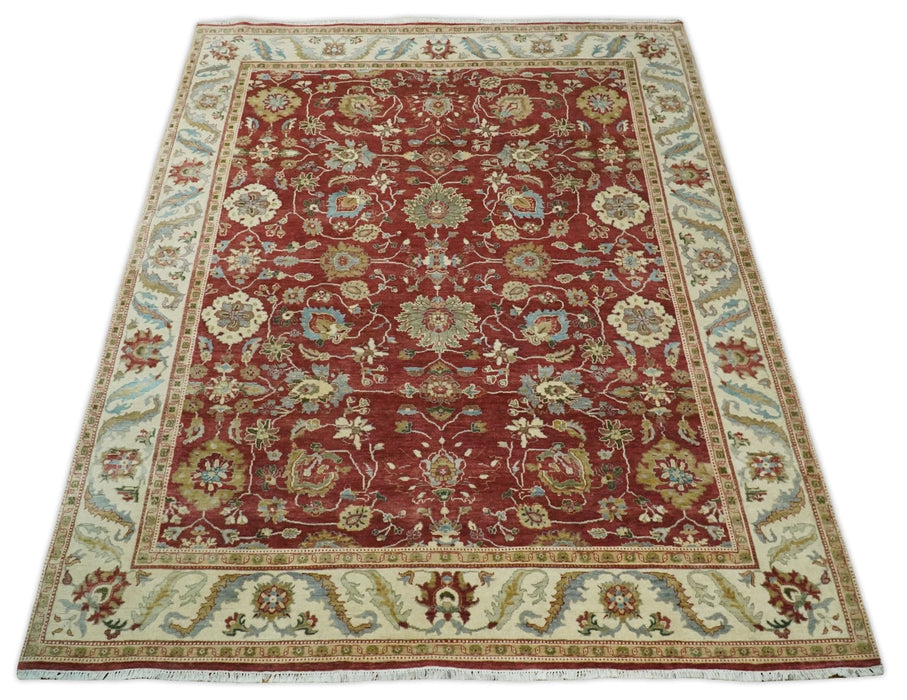 8x10 Fine Hand Knotted Rust and Ivory Traditional Persian Style Antique Wool Rug