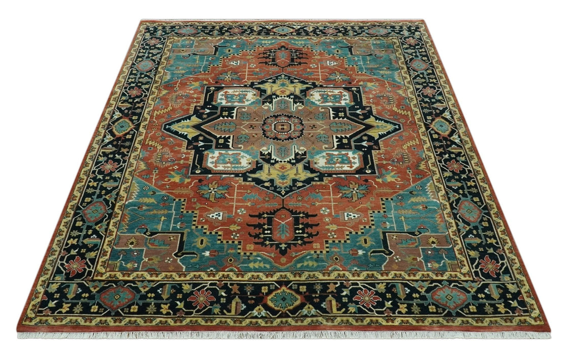 8x10 Fine Hand Knotted Rust, Teal and Dark Blue Traditional Heriz wool area rug