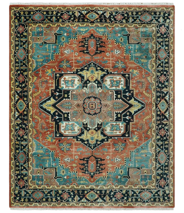 8x10 Fine Hand Knotted Rust, Teal and Dark Blue Traditional Heriz wool area rug