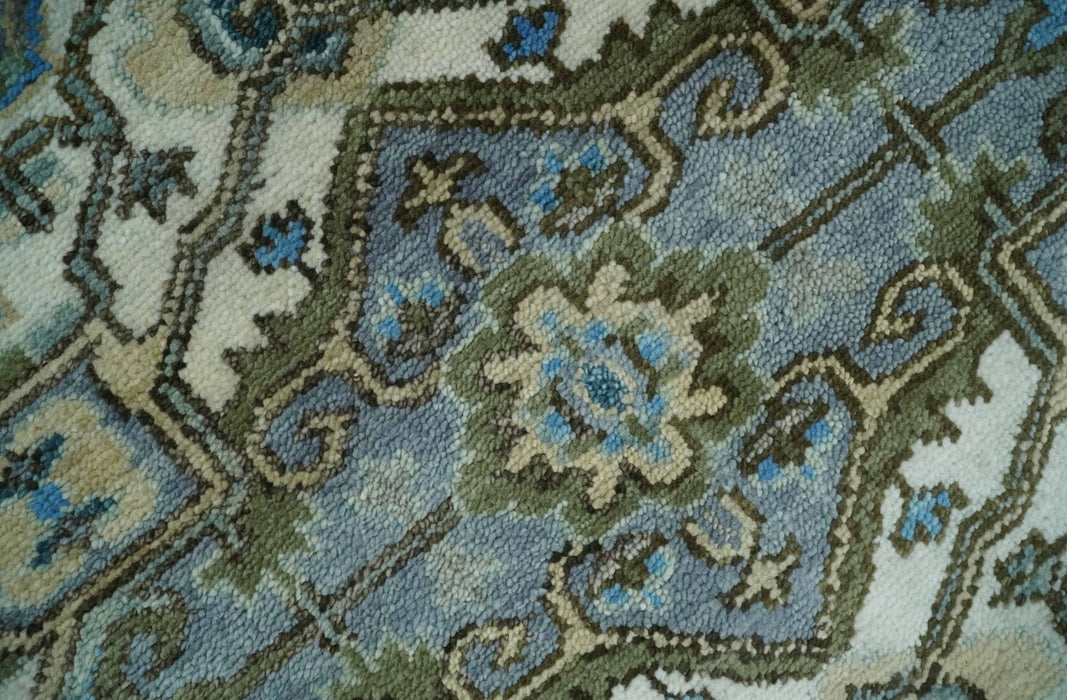 8x10 Gray, Ivory, Moss Green and Blue Hand Knotted Traditional Heriz Wool Area Rug