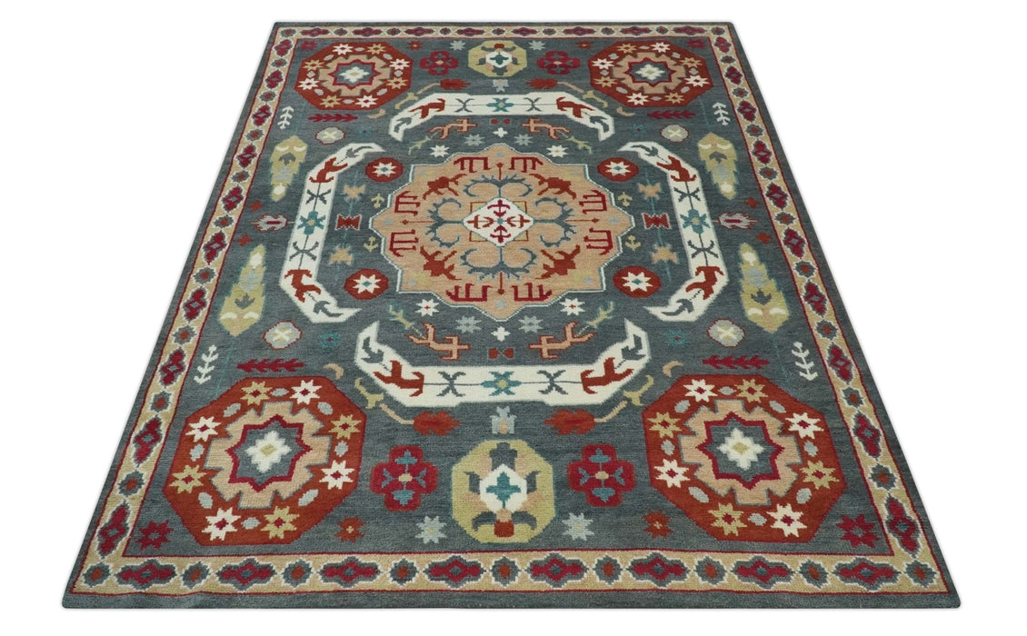8x10 Gray, Rust and Peach Traditional Medallion Mamluk Design wool Rug