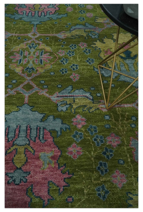 8x10 Green, Blue and Peach Hand Knotted Vibrant Donegal Floral Wool Rug
