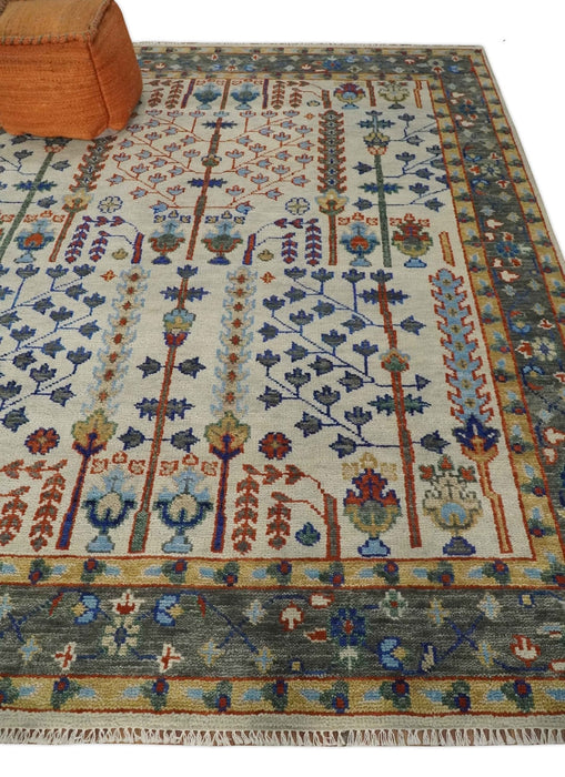 Hand Knotted Antique Ivory, Blue and Gray Traditional Style Oushak Wool Rug