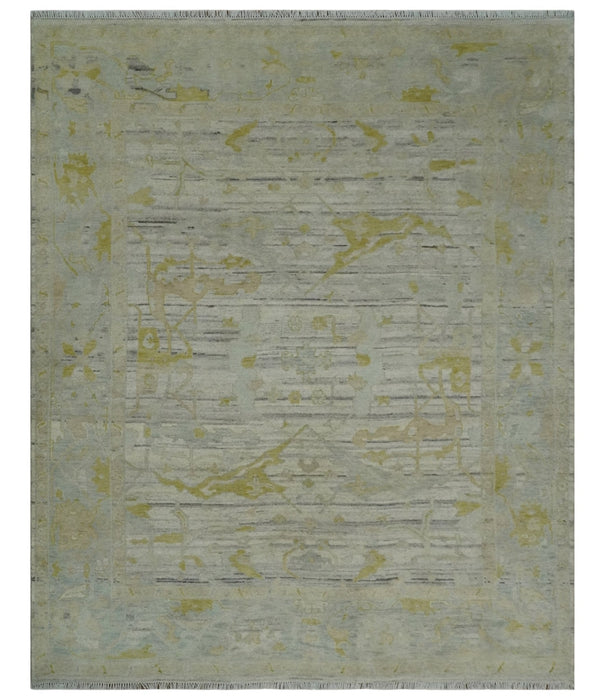 8x10 Hand Knotted Antique Ivory, Silver and Olive Traditional Wool Rug