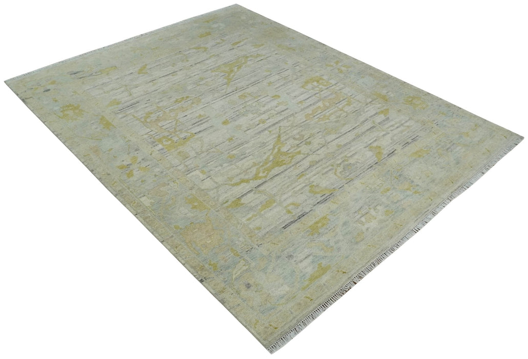 8x10 Hand Knotted Antique Ivory, Silver and Olive Traditional Wool Rug