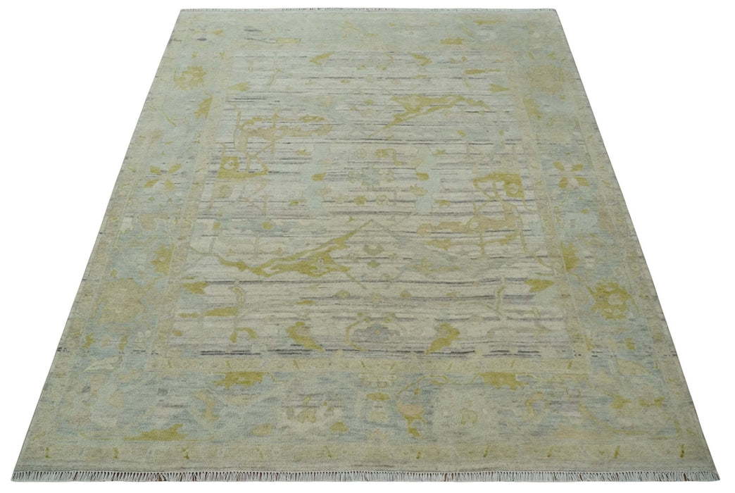 8x10 Hand Knotted Antique Ivory, Silver and Olive Traditional Wool Rug