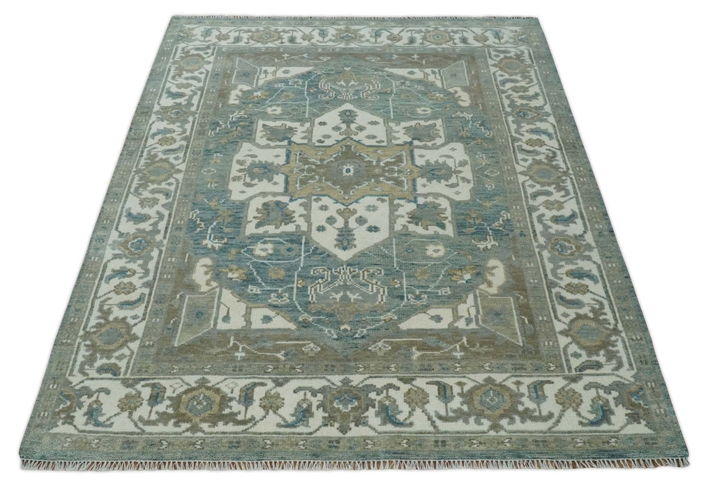 8x10 Hand Knotted Beige, Ivory and Gray Traditional Turkish Design Wool Area Rug