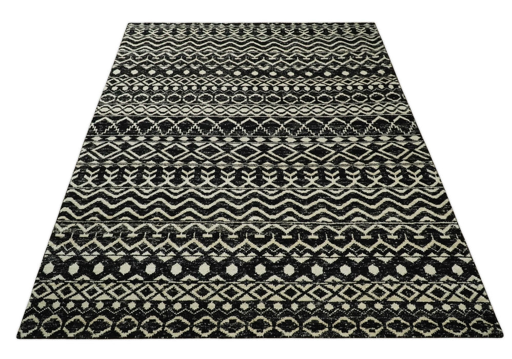 Hand Knotted Black and Ivory Modern Contemporary Southwestern Tribal Trellis Recycled Silk Area Rug | OP11