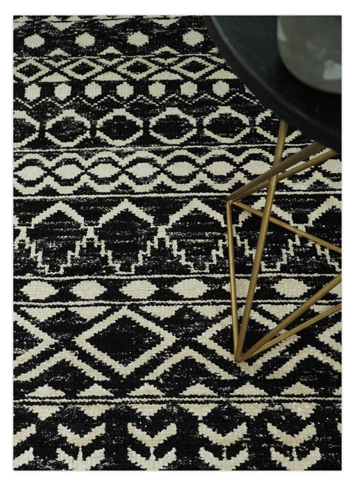 Hand Knotted Black and Ivory Modern Contemporary Southwestern Tribal Trellis Recycled Silk Area Rug | OP11