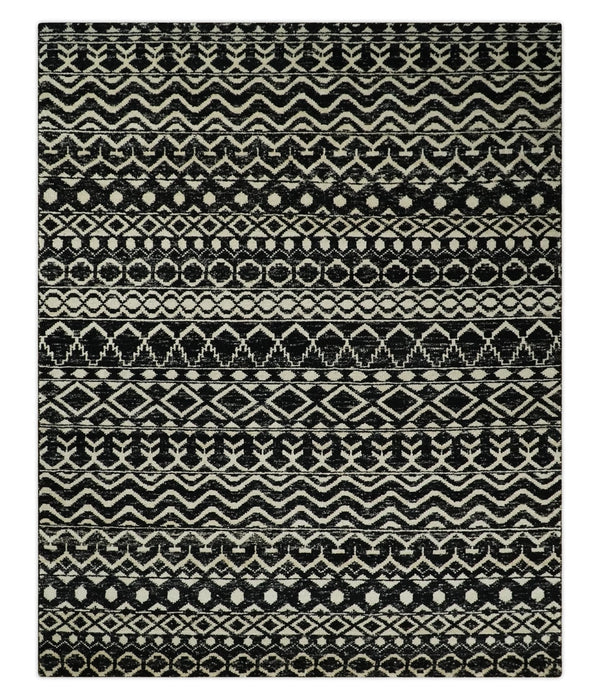 Hand Knotted Black and Ivory Modern Contemporary Southwestern Tribal Trellis Recycled Silk Area Rug | OP11