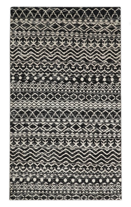 Hand Knotted Black and Ivory Modern Contemporary Southwestern Tribal Trellis Recycled Silk Area Rug | OP11