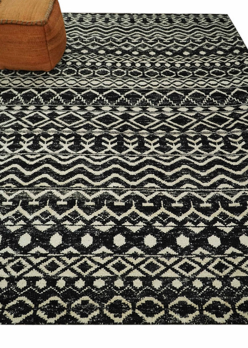 Hand Knotted Black and Ivory Modern Contemporary Southwestern Tribal Trellis Recycled Silk Area Rug | OP11