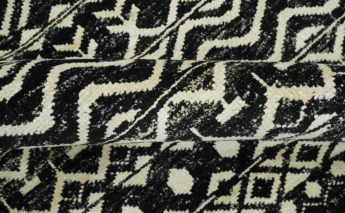 Hand Knotted Black and Ivory Modern Contemporary Southwestern Tribal Trellis Recycled Silk Area Rug | OP11