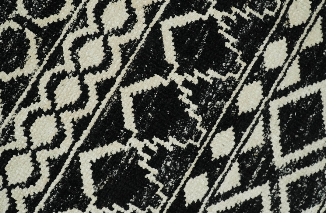 Hand Knotted Black and Ivory Modern Contemporary Southwestern Tribal Trellis Recycled Silk Area Rug | OP11