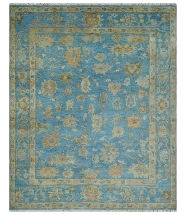 8x10 Hand knotted Blue and Beige Traditional Oushak Wool Area Rug