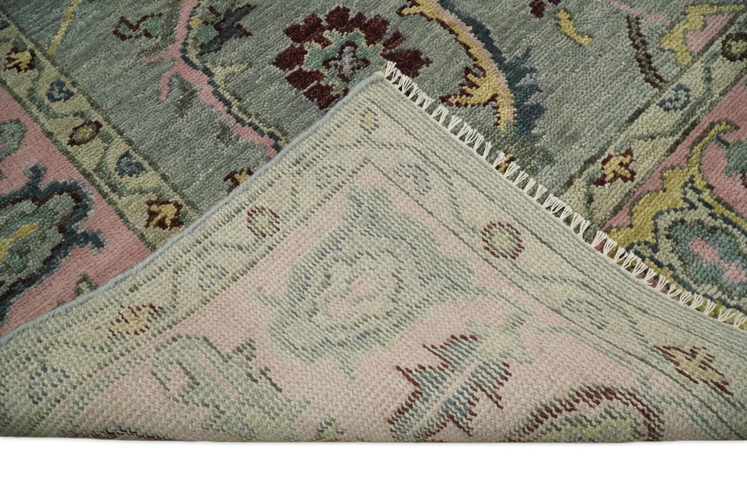 Antique Hand Knotted Green and Pink Traditional Oushak Multi Size Wool Area Rug