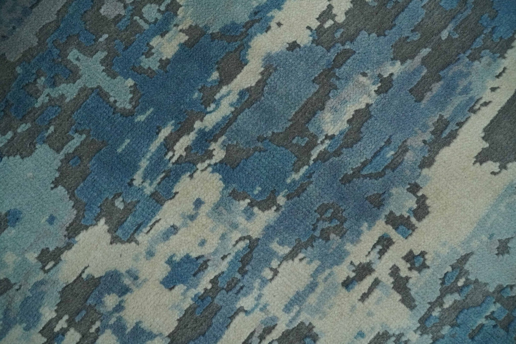 8x10 Hand Knotted Blue, Ivory and Charcoal Abstract Wool Area Rug