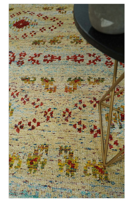8x10 Hand Knotted Beige, Blue and Rust  Persian made of Recycled Silk Area Rug | OP19