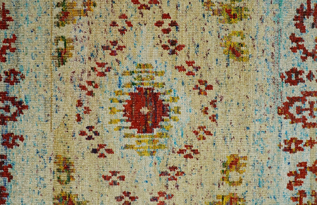 8x10 Hand Knotted Beige, Blue and Rust  Persian made of Recycled Silk Area Rug | OP19