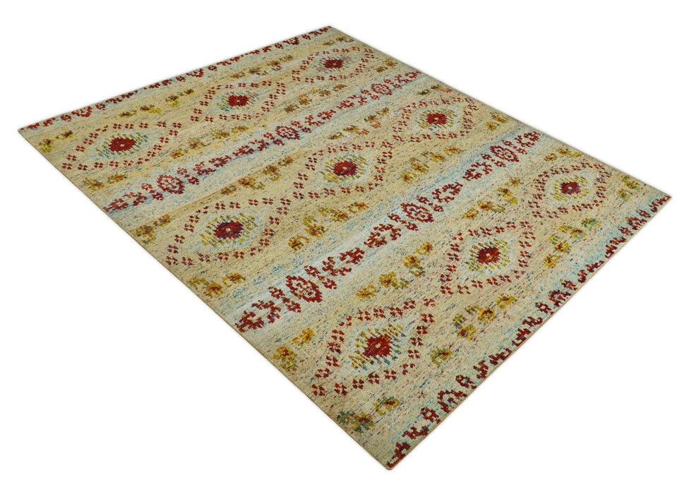 8x10 Hand Knotted Beige, Blue and Rust  Persian made of Recycled Silk Area Rug | OP19