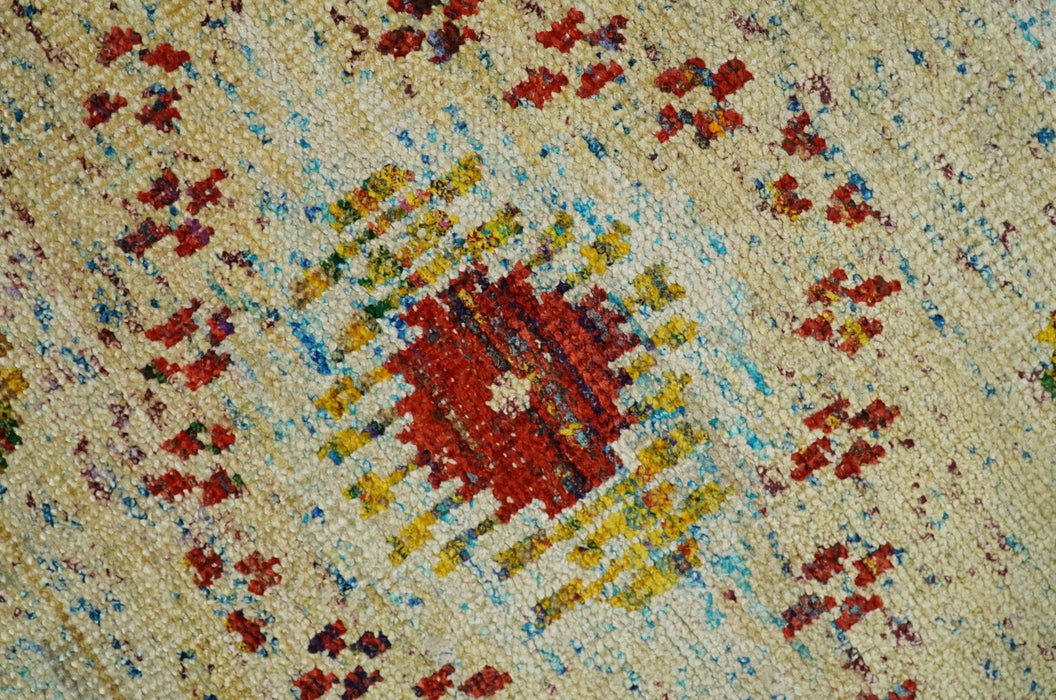 8x10 Hand Knotted Beige, Blue and Rust  Persian made of Recycled Silk Area Rug | OP19