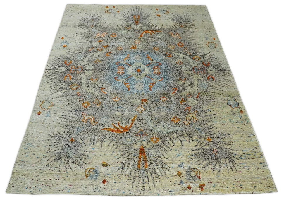 8x10 Hand Knotted Blue, Silver and Beige Antique Persian Style Contemporary Recycled Silk Area Rug | OP30