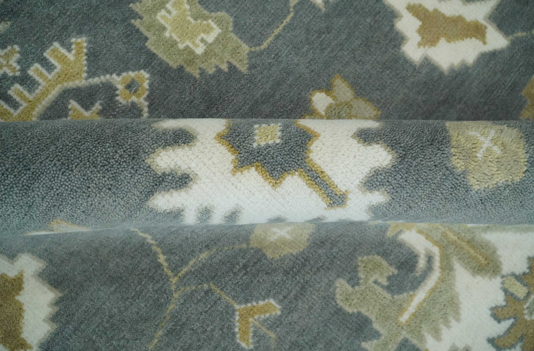 8x10 Hand Knotted Charcoal, Ivory and Beige Traditional Oriental Oushak Wool Rug