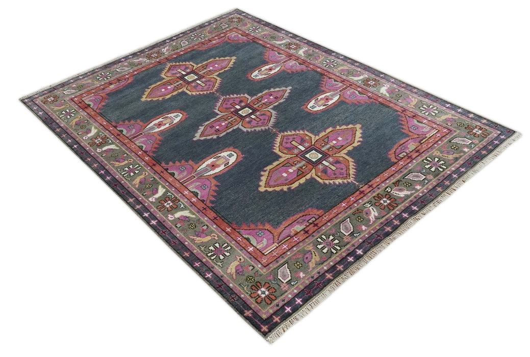 8x10 and 10x14 Hand Knotted Charcoal, Silver and Pink Traditional Wool Area Rug