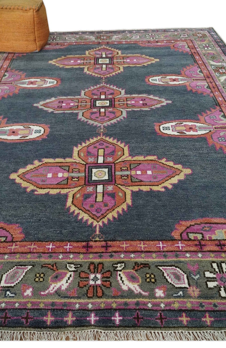8x10 and 10x14 Hand Knotted Charcoal, Silver and Pink Traditional Wool Area Rug