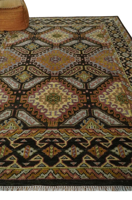 8x10 Hand Knotted Olive, Gold, Black and Brown Oriental Traditional Wool Area Rug