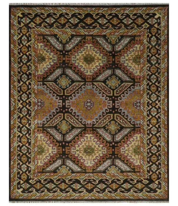 8x10 Hand Knotted Olive, Gold, Black and Brown Oriental Traditional Wool Area Rug