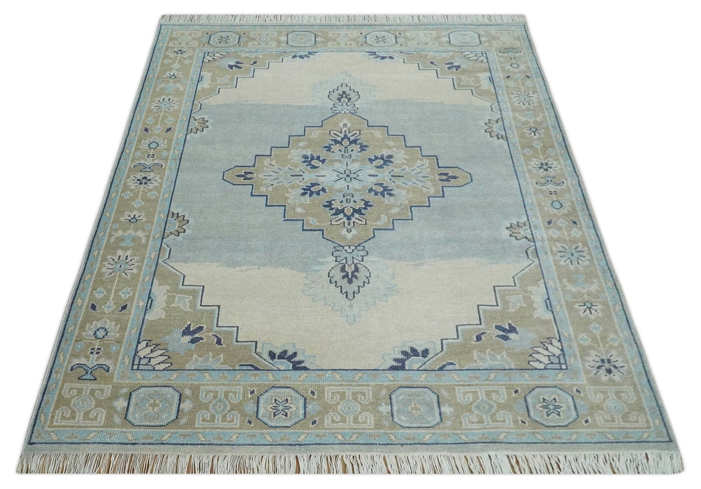 8x10 Hand Knotted Traditional Serapi Blue And Beige Wool Area Rug