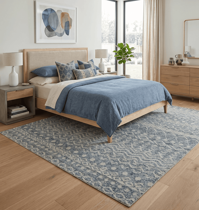 8x10 Hand Knotted Ivory and Blue Modern Contemporary Southwestern Tribal Trellis Recycled Silk Area Rug