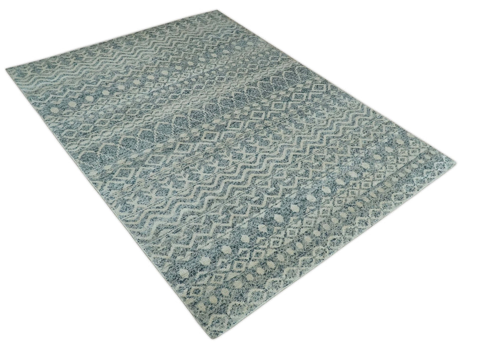 8x10 Hand Knotted Ivory and Blue Modern Contemporary Southwestern Tribal Trellis Recycled Silk Area Rug