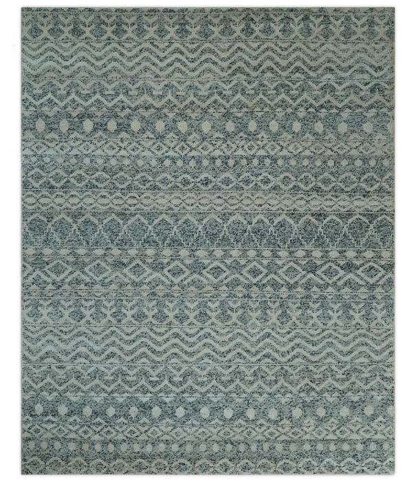 8x10 Hand Knotted Ivory and Blue Modern Contemporary Southwestern Tribal Trellis Recycled Silk Area Rug