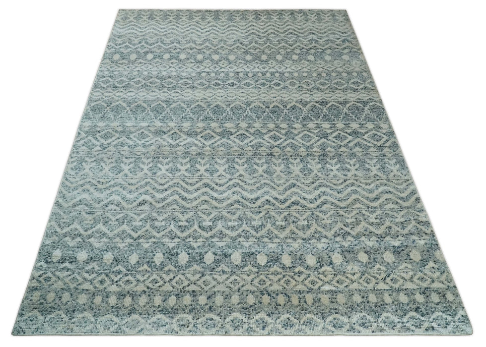8x10 Hand Knotted Ivory and Blue Modern Contemporary Southwestern Tribal Trellis Recycled Silk Area Rug | OP37