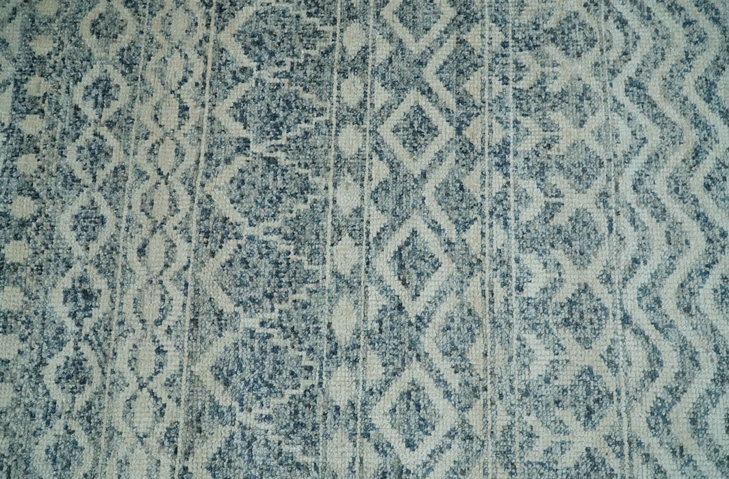 8x10 Hand Knotted Ivory and Blue Modern Contemporary Southwestern Tribal Trellis Recycled Silk Area Rug