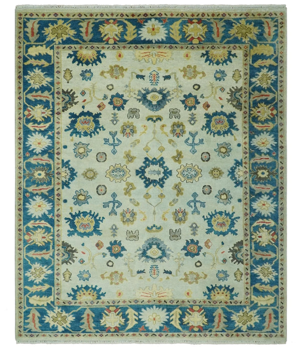 8x10 Hand Knotted Ivory and Blue Traditional Oriental Oushak wool area rug