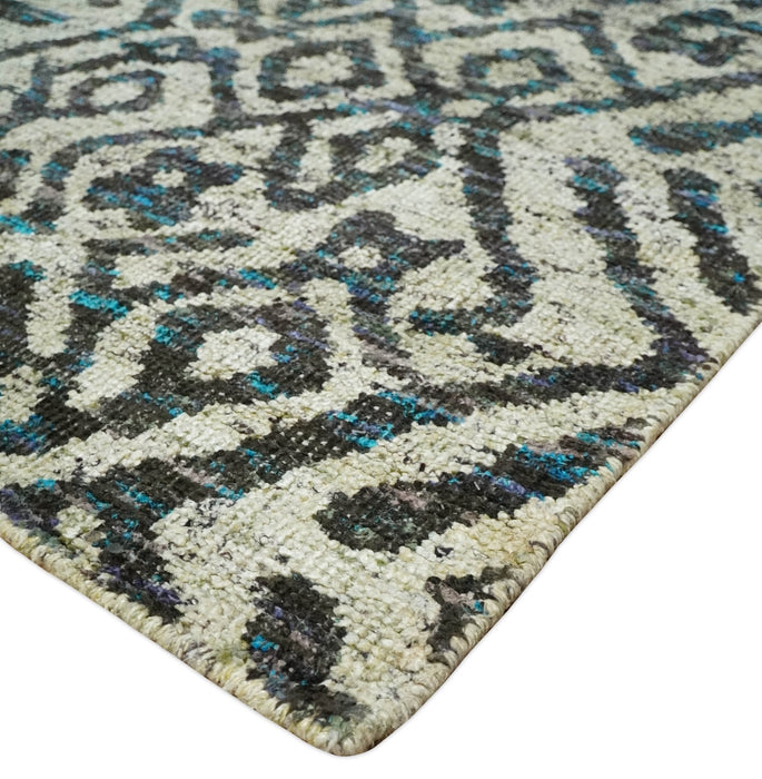 8x10 Hand Knotted Ivory and Charcoal Modern Tribal Style Contemporary Recycled Silk Area Rug | OP49