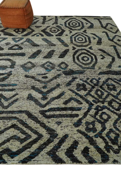 8x10 Hand Knotted Ivory and Charcoal Modern Tribal Style Contemporary Recycled Silk Area Rug | OP49