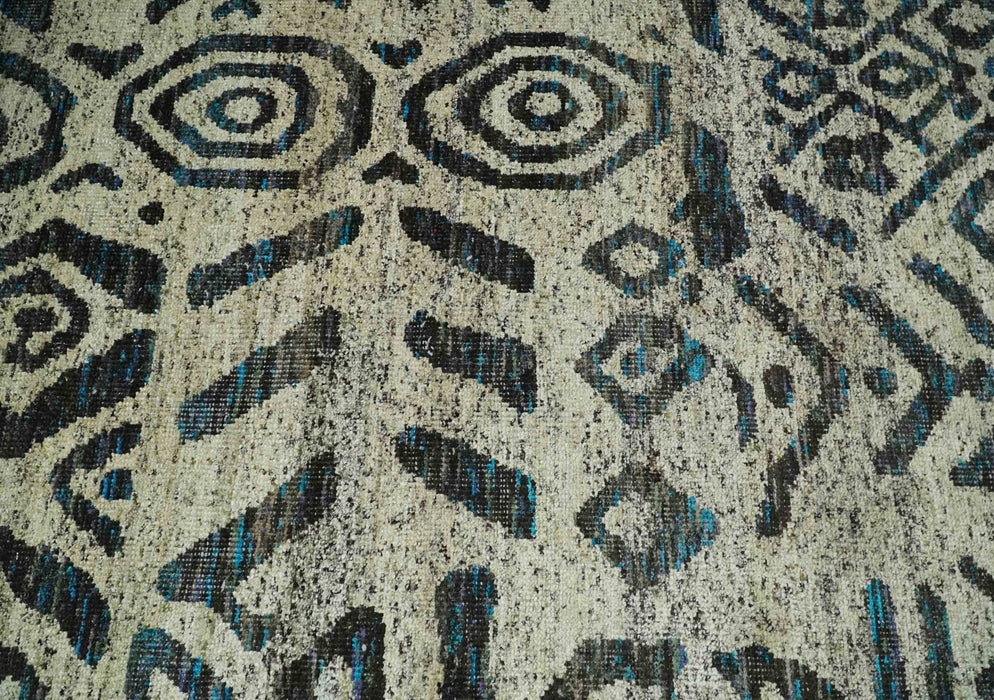 8x10 Hand Knotted Ivory and Charcoal Modern Tribal Style Contemporary Recycled Silk Area Rug | OP49